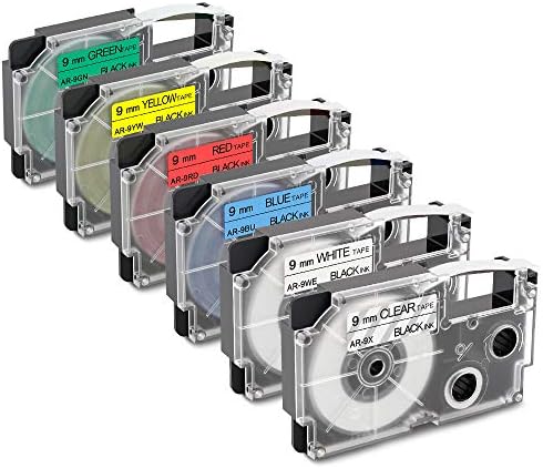 Wonfoucs 9mm Label Maker Tape Compatible with XR-9X/XR-9WE/XR-9YW/XR-9BU/XR-9DN/XR-9RD Work with KL-100 KL-120 Labeler, 6-Pack