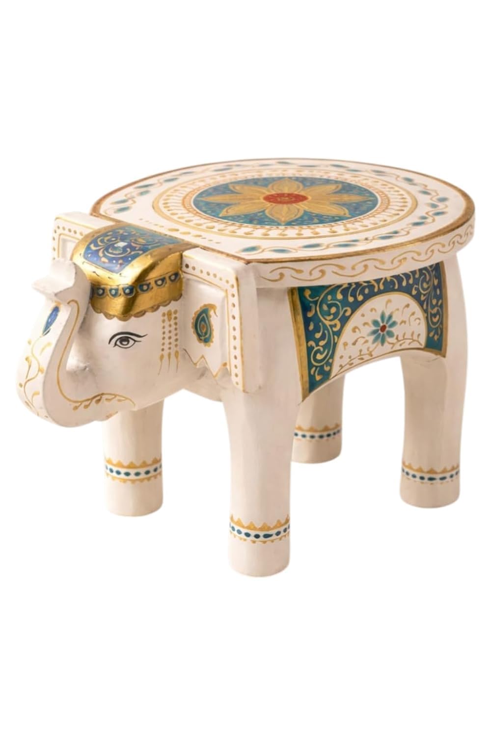 White Handcrafted Wooden Elephant Stool Puja Chowki | Hand Painted