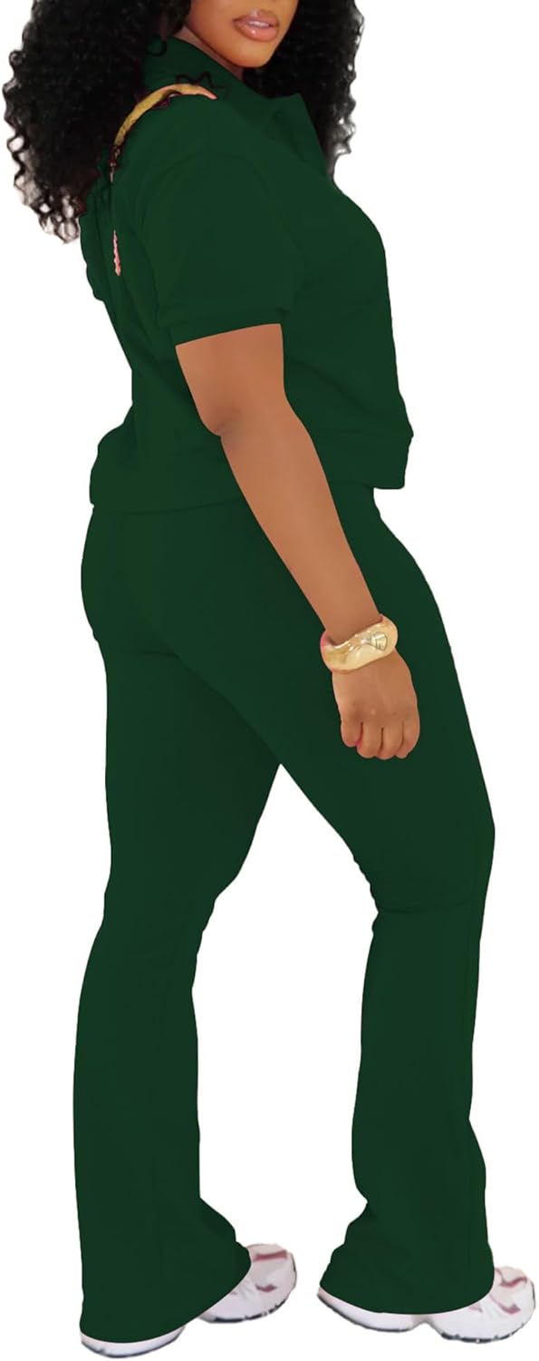 PINSV 2 Piece Sets For Women Casual V Neck Lounge Sets Short Sleeve Top Flare Pants Daily Tracksuit - Image 6