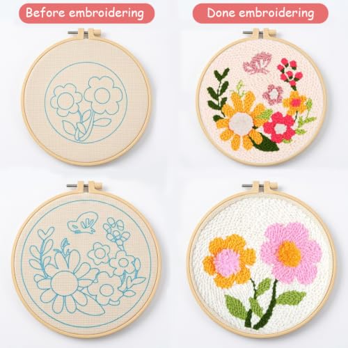 Image of PATPAT 2 Sets of DIY Punch Needle Kits Cute Tufting Art Craft Needle Embroidery Kit with Hoop Flower Pattern for Craft Lovers Beginners DIY Home Decor
