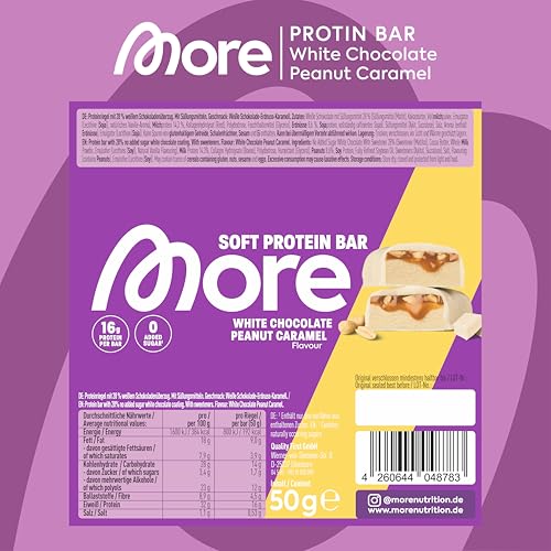 MORE Protein Bar, 10er Box, White Chocolate Peanut Caramel, Protein Riegel ohne Zuckerzusatz