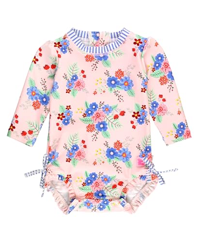 Image of RuffleButts Baby Girls UPF 50+ Sun Protection Floral Printed Long Sleeve One Piece Rash Guard Swimsuit with Zipper