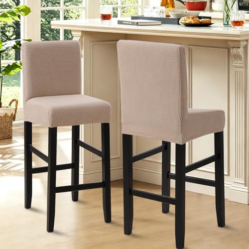 Image of YISUN Waterproof Bar Stool Covers, Stretch Barstool Slipcovers with Backs, Removable Washable Pub Tall Chair Slipcover, Counter Chair Seat Protector Cover, Jacquard Khaki 4 Pack