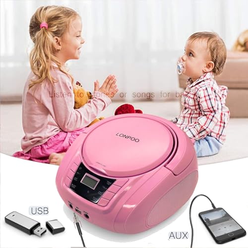 Image of LONPOO CD Player Portable Boombox with FM Radio /USB /Bluetooth /AUX Input and Earphone Jack Output, Stereo Sound Speaker & Audio Player,Pink