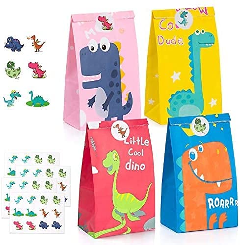 Bolsas de Fiesta Dinosaurios, Czoele 40 PCS Bolsa de Dulces de Dinosaurio Bolsas de Papel de Caramelos Bolsa de Regalo Cumpleaños Infantil con 48 Pegatinas para Fiesta, Los Reyes Magos, Golosinas Cover