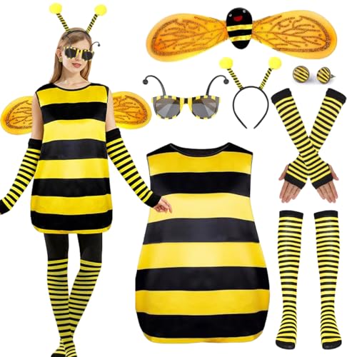 Bienenkostüm Erwachsene Damen, Faschingskostüme Damen Biene mit Bienen Kostüm Kleid Flügel Haarreif Ohrclip Handschuhe Socken Brille, Tierkostüme...