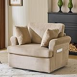 Karl home 39' Swivel Accent Chair,Oversized Seat Armchair W/2 Pillows and 4 Pockets,Modern Upholstered Corduroy Barrel Chairs,Comfy Single Sofa for Living Room,Reading,Bedroom and Office-Khaki