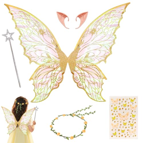HuaMuDM Feenflügel Kostüm Feenflügel Erwachsene Schmetterlingsflügel Prinzessinnenflügel FeeStirnband und Sterne Feenstäbe Aufkleber Cosplay Partys und Verkleidung