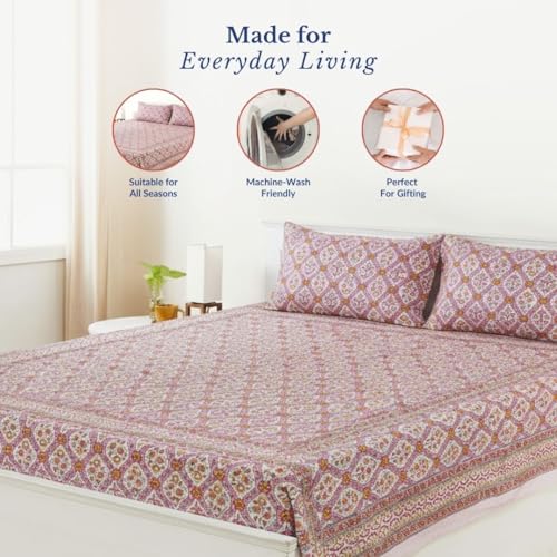 Image of Jaipur Weaves Jaipuri Double Bed Cotton Bedsheet Queen Size 90x85, 120 TC 100% Pure Cotton Bed Sheet with 2 Pillow Covers, Floral Traditional Print (Pink Jaal, Double)