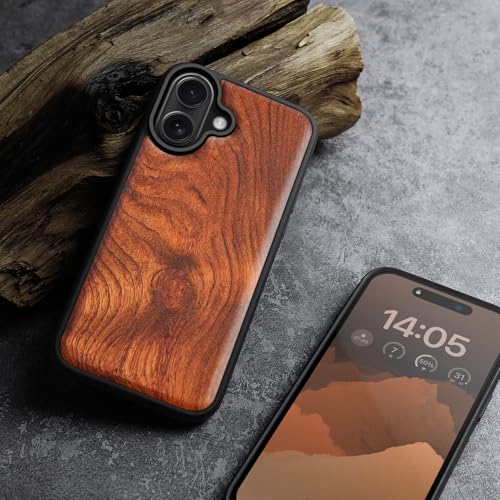 Image of Carveit Wood Case for iPhone 16 Plus, Natural Grain, Rosy | Magnetic iPhone 16 Plus Case Compatible with MagSafe Wireless Chargers, Engraved Wood with Soft TPU Shockproof Bumper