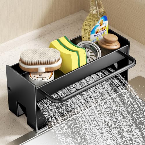 KINGBERWI Sponge Holder for Kitchen, Sink Caddy with Auto Draining Tray, Stainless Steel Sponge Caddy Organizer, Kitchen Utensils Accessories Storage for Countertop, Black