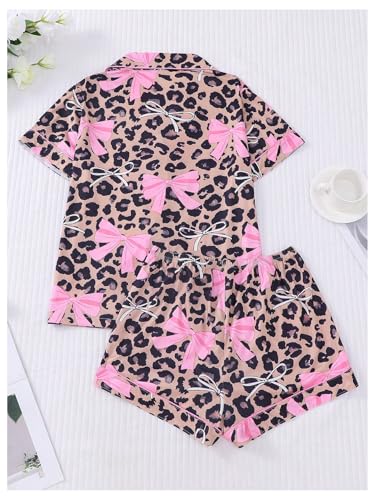 Image of SHENHE Women's 2 Piece Pajama Set Bow Graphic Button Down Short Sleeve Lapel Shirt Pj Short Set