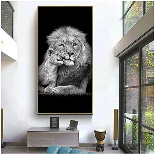 ZXYFBH Tableau Decoration Murale Noir et Blanc Lion et bébé lionceau Toile Art Peinture Affiches et Impressions scandinave Moderne Mur Art Photo pour Salon 11.8x23.6in (30x60cm) x1pcs sans Cadre Cover