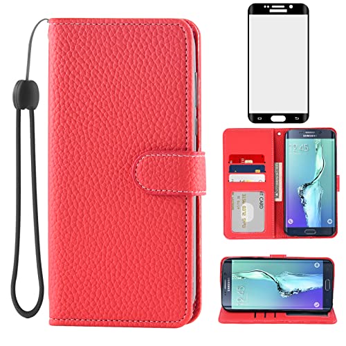 Asuwish Phone Case For Samsung Galaxy S6 Edge Plus With Tempered Glass Screen Protector And Wallet Cover Flip Card Holder Slot Stand Cell Accessories Glaxay S6Edge + S 6Edge 6S 6 Edge+ Women Men Red #TOP23