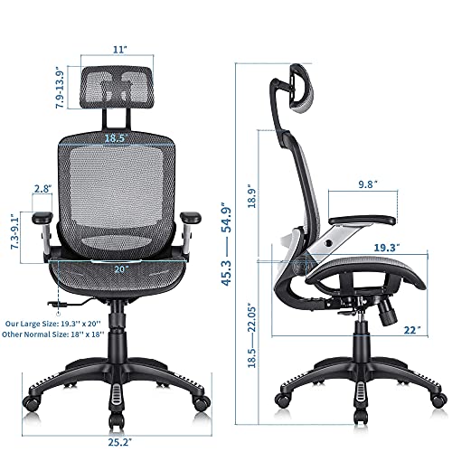 Image of GABRYLLY Ergonomic Office Chair, High Back Home Desk Chair with Headrest, Flip-Up Arms, 90-120 Tilt Lock and Wide Cushion, Big and Tall Mesh Chairs for Man Woman, Grey Task Chair