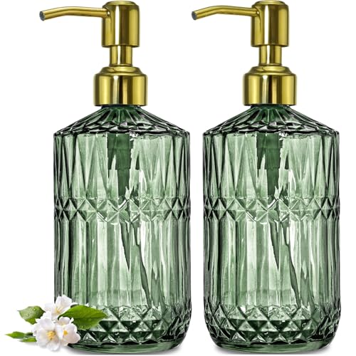 JASAI 2Pack 18Oz Green Glass Soap Dispenser with Gold Rust Proof Pump Refillable Dish Soap Dispenser for Kitchen Bathroom Soap Dispenser for Hand soap Lotion Body Wash Dish Soap.