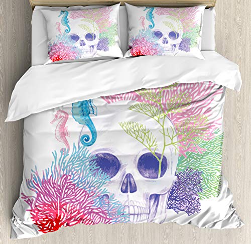 Ambesonne Animal Duvet Cover Set, Halloween Skull Skeleton Head Coral Reef Dead Aquarium Pirate Wildlife Image, Decorative 3 Piece Bedding Set with 2 Pillow Shams, Queen Size, Blue