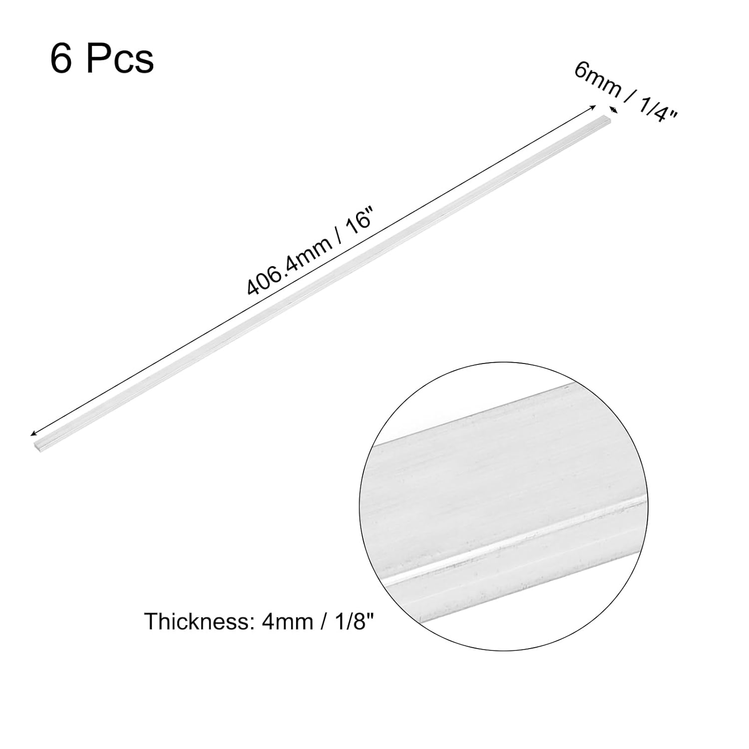 MECCANIXITY 6 Pcs Square Aluminum Flat Bar, 1/8" (4mm) Thick x 1/4" (6mm) Width x 16" (406.4mm) Long 6061 Aluminum Flat Plate Solid New Mill Stock Silver for Industrial Building