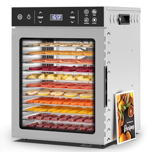 Suteck 12-Tray Food Dehydrator, 800W Dehydrator Machine with Stainless Steel Trays, Dual Fans & 360° Airflow, Digital Temp & Timer Control with 4 Presets, Quiet Dryer for Jerky, Fruit, Meat, Herbs