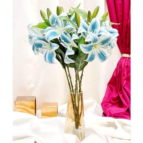 Image of SATYAM KRAFT 1 Pcs with (3 Head) Lily Artificial Flowers Sticks for Home Decor, Bedroom, Living Room, Table, Balcony, Office, Wedding, Pooja, Anniversary Decorations (Without Vase Pot) (Blue)