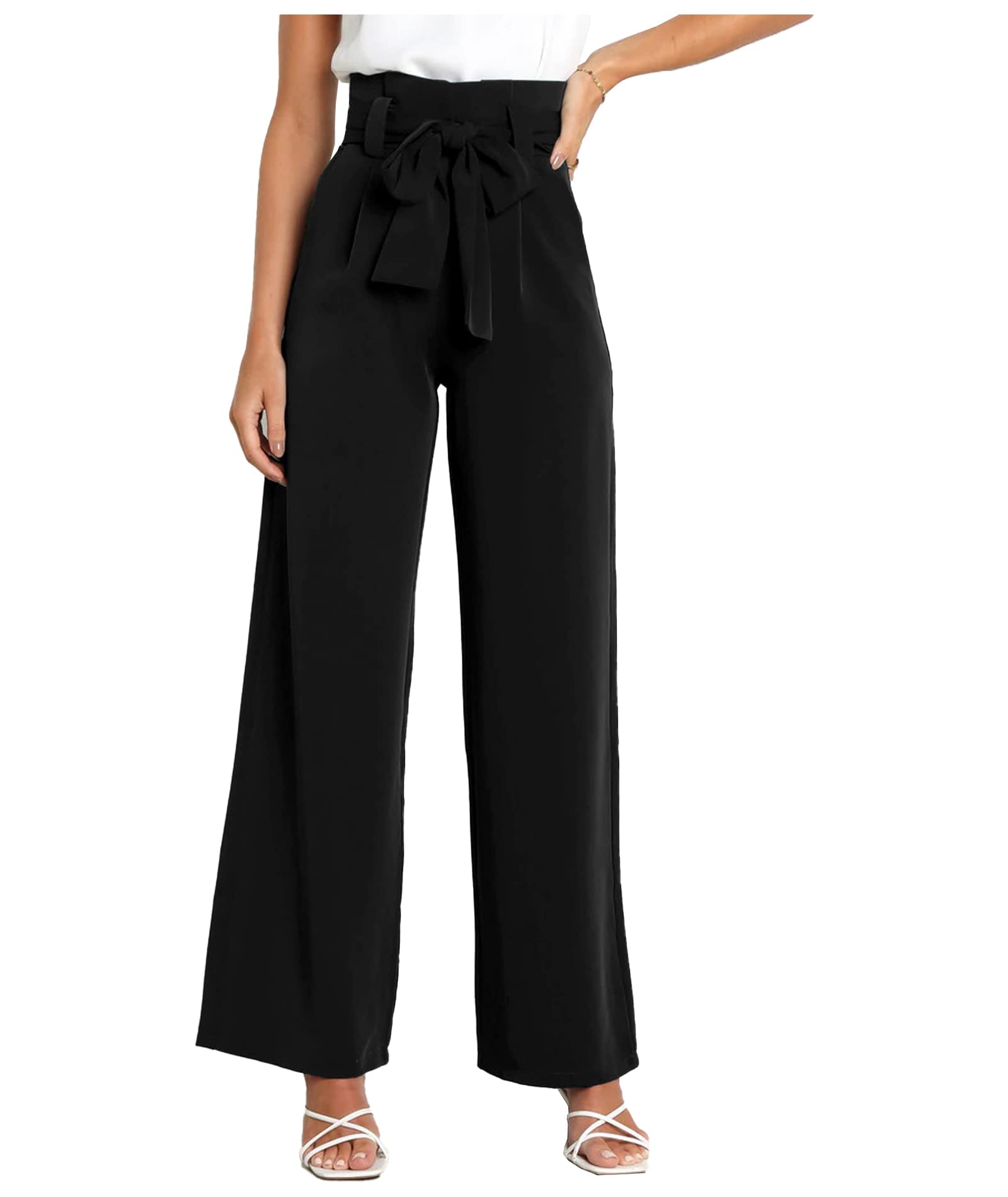 Sexyshine Womens Casual High Waist Belted Wide Leg Pants Loose Fit Bootcut Office Work Palazzo Trousers with Pocket