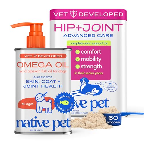 Image of Native Pet Omega 3 Fish Oil for Dogs 16Oz & Advanced Care Hip & Joint Supplement for Dogs 12.7Oz Powder for Mobility & Movement - Supports Healthy Skin, Coat, Joints, Cartilage & Muscle