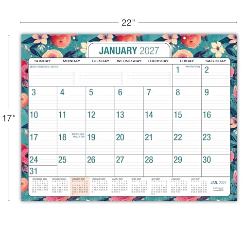 Image of Desk PAD: 22 inch x 17 inch Large Print Desk Pad Calendar, APR 2026 - DEC 2027, 21 Months, (Teal Floral)