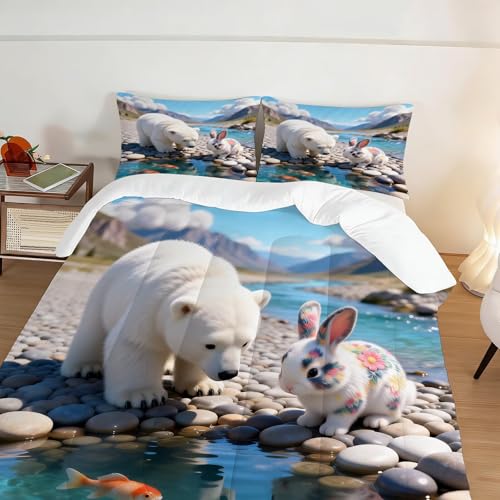 Image of Cute Animal Comforter Set Full Size Kids Bedding Sets for Girls Boys Teens Bedroom 3D Nature Wildlife Mountain Stream Bear Rabbit Quilt 1 Comforter 2 Pillowcases