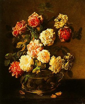 Peinture à l'huile A Vase de Roses par Pandolfo Reschi - Toile de 20 x 24 Pouces