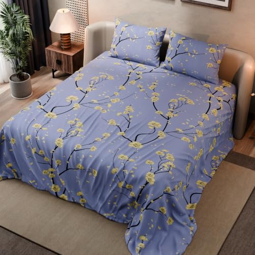 Image of BLISSHOME SoftTouch 140TC Cotton King Size Printed Bedsheet with 2 Pillow Covers for Double Bed, Silky Smooth Bedding Set, Breathable, Easy Maintain, Floral Print - Lavender, Yellow