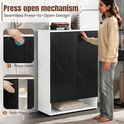 Image of ABOUT SPACE Shoe Cabinet - 7 Tier Shoe Rack with Door & Open Bottom Storage|Press Open 2 Door Engineered Wood Shoes Stand for Home | Smooth Non-Fluted-Effect Adjustable Shelf 18-21 Pair |White & Black