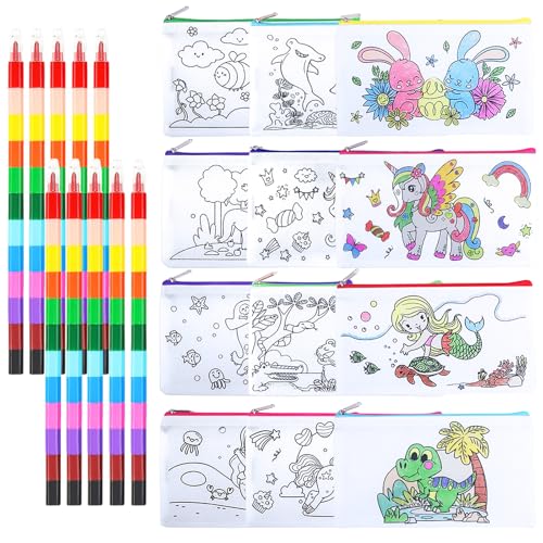 AMFUN 10 Estojo para colorir 12 bolsa reutilizável, bricolage bolsa de graffiti, adequada como presentes de aniversário para crianças colégio, presentes de Natal para crianças e detalhes para oferecer