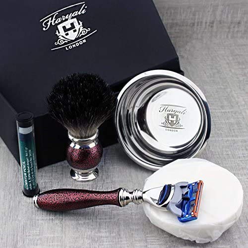 Vintage inspiriertes 4-teiliges Rasierset - Reine Dachshaarrasierpinsel 5-Kantenrasierer Edelstahl Rasierschale und Haryali London Premium-Seife