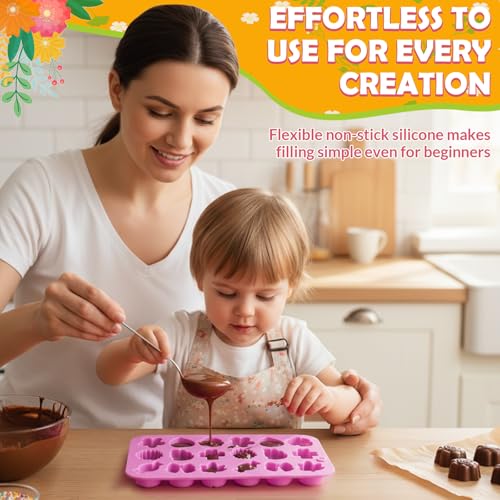 Image of HKNMTT Flower Candy Molds Silicone, Small 9 Shapes Bite Size Chocolate Gummy Jello Gelatin Spring Cute Bow Rose Leaf Dessert Wax Melt Ice Cube Moulds Food Grade Treats Making Oven Safe Kids DIY Set
