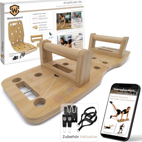 Woodsport Lite Liegestützbrett/Push up Board aus Bambus für Home gym 65 cm Familiengröße Klappbares Fitnessgerät für Zuhause inkl. Resistance Bands + 30-in-1 Trainingsguide