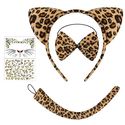 JqruiTbeis Leoparden Kostüm Damen, 5-teiliges Set mit Haarreif, Schleife, Schwanz und Gesichtsaufklebern, stilvolles Tierkostüm für Frauen
