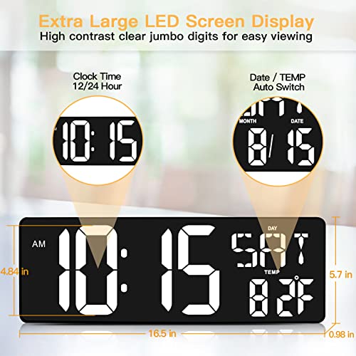 Xrexs Large Digital Wall Clock With Remote Control, 16.5 Inch Led Large Display Count Up & Down Timer, Adjustable Brightness Plug-In Alarm Clock With Day/Date/Temperature For Living Room, Office, Gym #TOP1