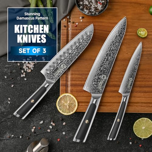 Image of Sunnecko Damascus Kitchen Knife Set 3 Piece, Sharp Chef Knife Set Professional Kitchen Knives Sets Full Tang with Gift Box