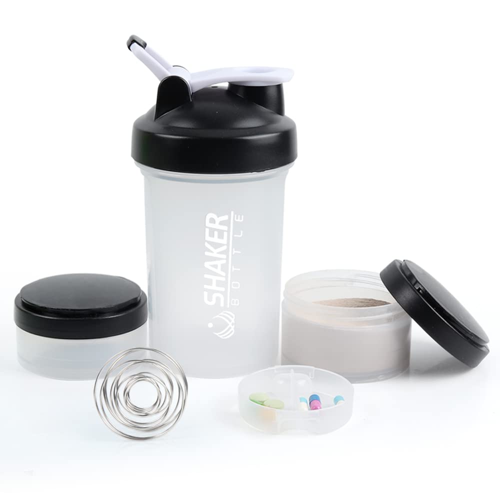 VECHProtein Shaker Bottle -16oz Shaker Cup - 500ml Shaker Bottle for Protein Shakes with Mixing Ball - Leak Proof GYM Shaker Bottles for Workout with Supplement Storage & Pill Tray -Bpa Free （White）