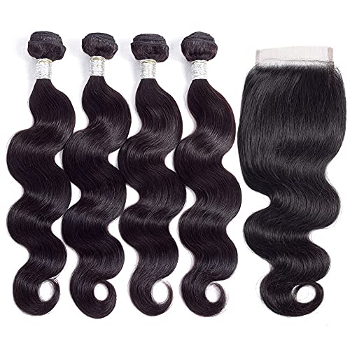 8A Brazilian Body Wave Bundles with Closure (16 18 20 22+14inch closure) Unprocessed Body Wave Human Hair Bundles with Closure Brazilian Body Wave with Closure Free Part Natural Color