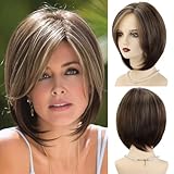XIUFAXIRUSI XIUFAXIRUSI Short Brown Bob Wigs for White Women Shoulder Length Brown Highlights Straight Wig with Side Bangs Natural Looking Synthetic Hair Wig