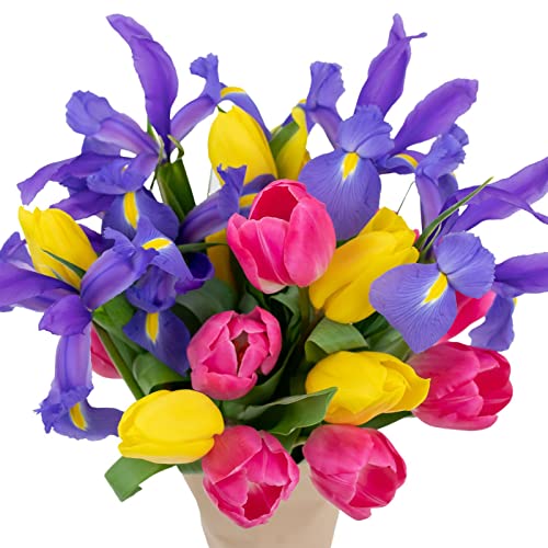 stargazer barn besties bouquet with fresh tulips amp blue iris purple pink yellow fresh flowers 15 count