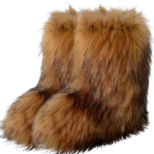 Furry Faux Fur Boots for Men, Fluffy Winter Warm Snow Boots Y2K Outdoor Indoor Mid-Calf Flat