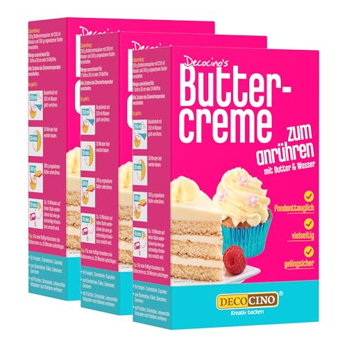 DECOCINO Vanille Buttercreme Fertigmischung (3x250g) - fertige Buttercreme Mischung im Vanille Geschmack ideal für Torten Kuchen und Cup Cakes Topping Motivtorten Frankfurter Kranz Geburstag