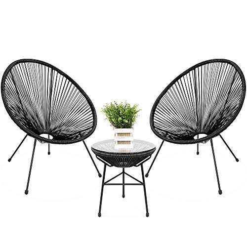 Best Choice Products 3-Piece Outdoor Acapulco All-Weather Patio Conversation Bistro Set w/Plastic Rope, Glass Top Table and 2 Chairs – Black