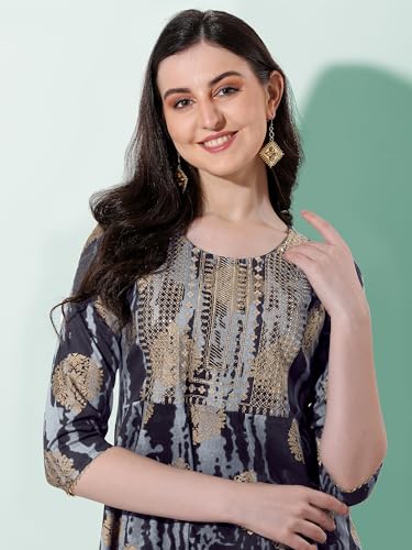 Image of MIRCHI FASHION Women's Cotton Relaxed Fit A Line Sequins Embroidery Work Foil Printed A-Line Kurti Only