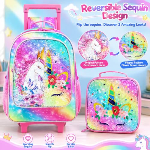 Image of Rolling Backpack for Girls and Boys,Kids Unicorn Dinosaur Bookbag with Roller Wheels, Suitcase School Bag Set, 18'' Jmd Rolling Pink, One Size