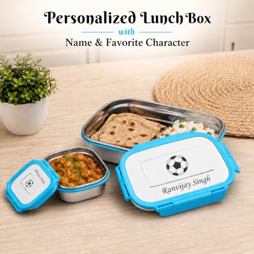 Image of SAVRI Personalized Stainless Steel Lunch Box with Your Child Name and Favourite Character Engraved on Tiffin Box. for Birthdays, Return Gift, Kids, Students, School Meal Box (Blue)