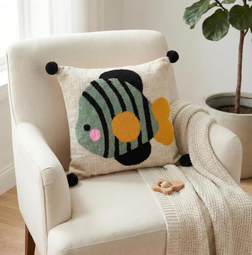 Image of Fish Embroidered Kids Cushion Cover 16 x 16 Inches or 40x40 cms Cotton Fabric Cushion Covers for Sofa Set /Diwan Beds, Sofa Throw Pillow Cover Only, Set of 1 Pc