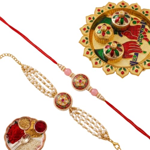 Image of Traditional Meenakari Kundan Bhaiya Bhabhi Rakhi Set | Elegant Lumba Bracelet for Bhabhi and Designer Bracelet for Bhaiya | Premium Rakshabandhan Gift Set